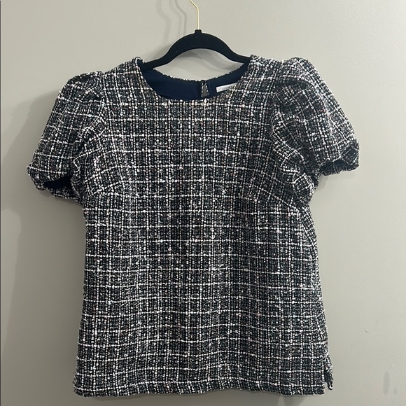 crown & ivy Tops - Crown & Ivy Navy White Pink Short Puff Sleeve Boxy Blouse Size Small